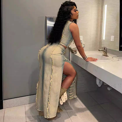 Women's Denim Trendy Unique Hand Frayed Slit Suits