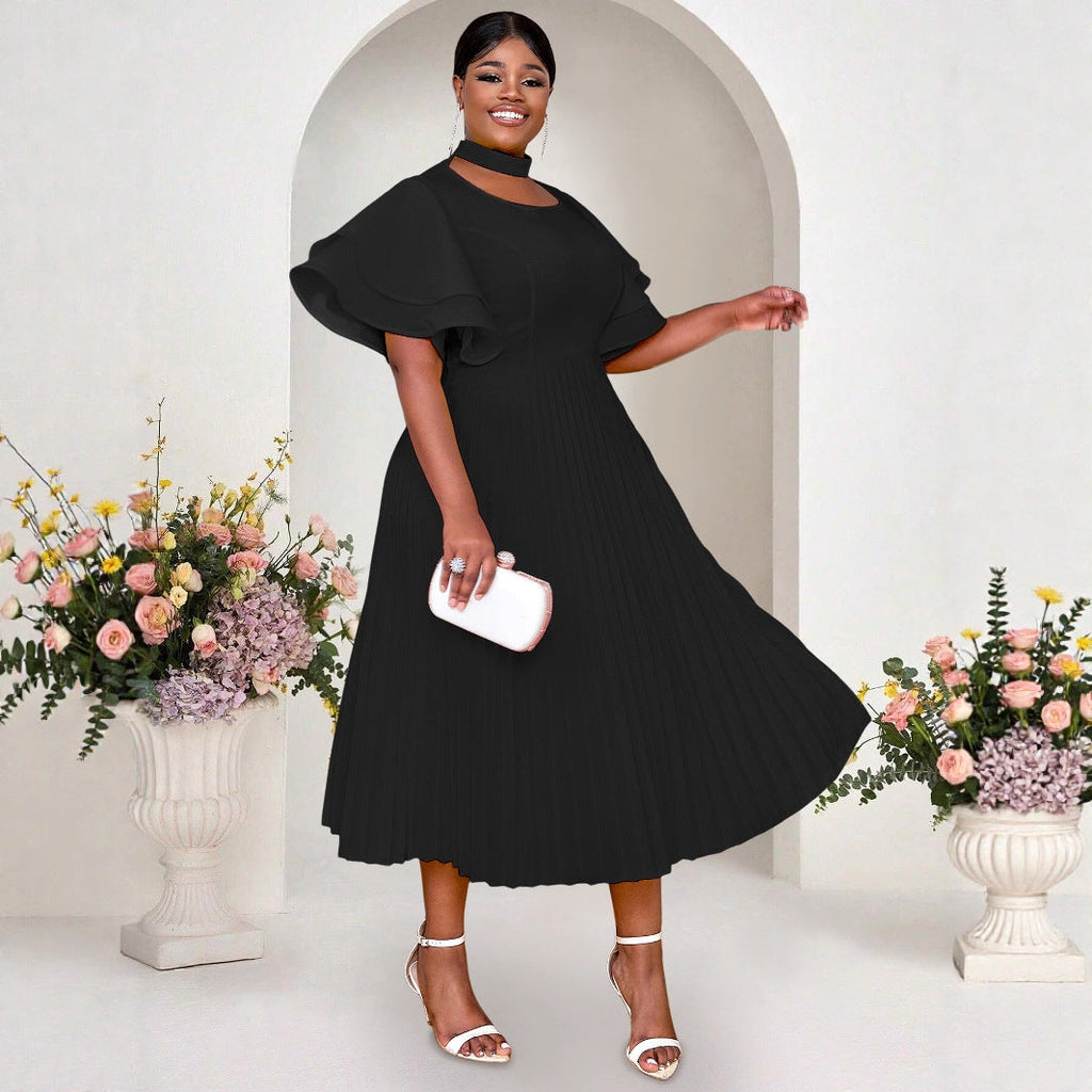 Personality Hollow Out Collar Pleated Elegant Style Ruffled Flared Dresses