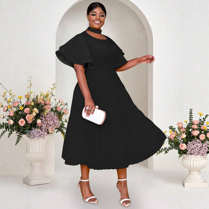 Personality Hollow Out Collar Pleated Elegant Style Ruffled Flared Dresses