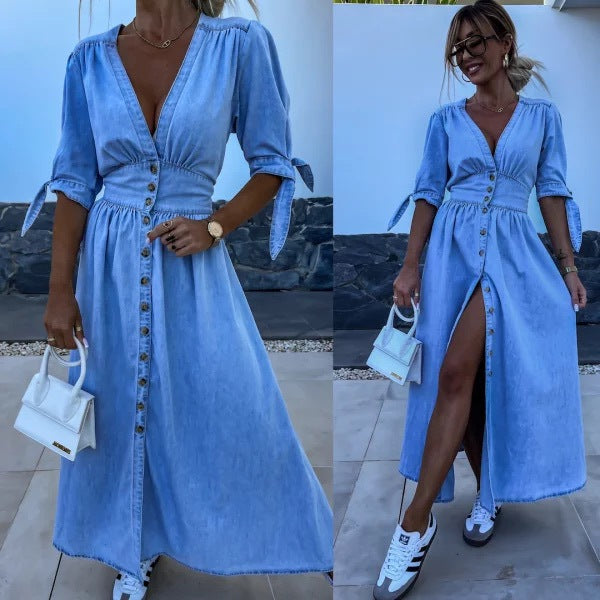 Women's Fashion Sexy Long Button Denim Dress Dresses