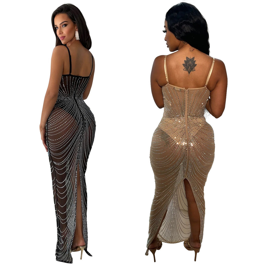 Women's Wear Pure Color Mesh Hot Drilling Sling Dresses