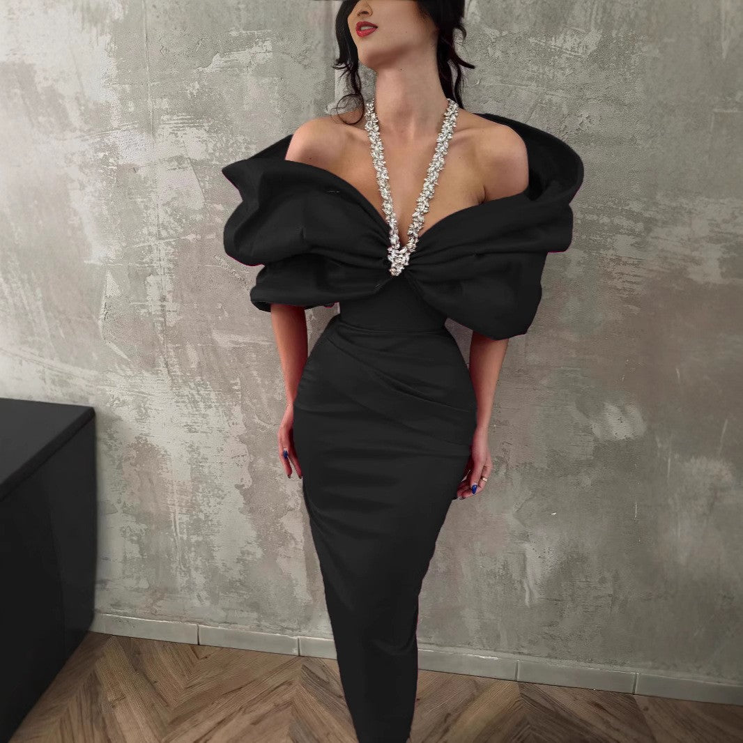 Women's French Style Black Halter Dress Noble Elegant Dresses