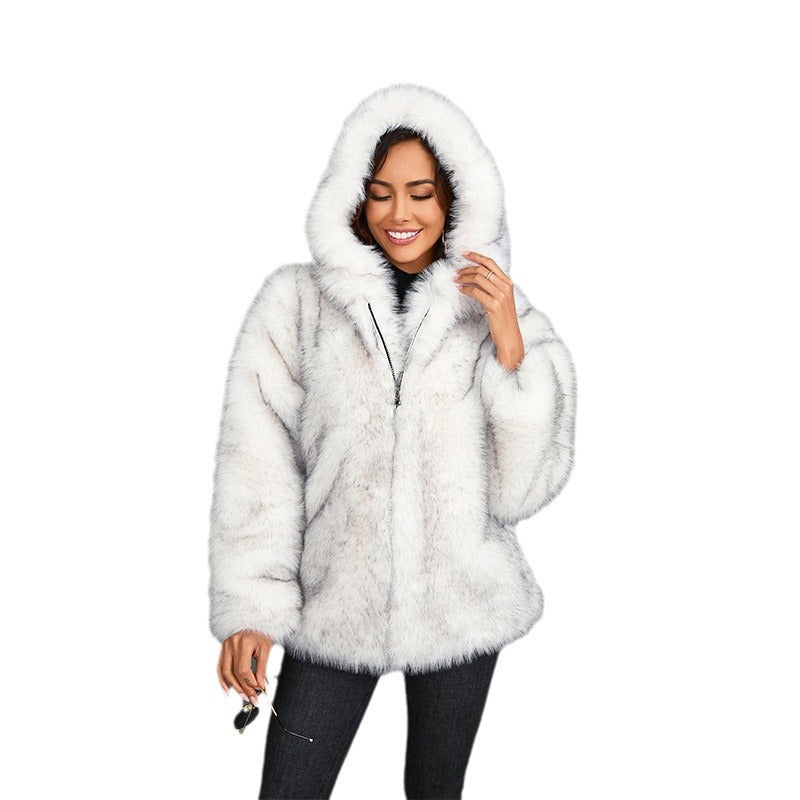 Imitation Fur Solid Color Loose Hooded Coats