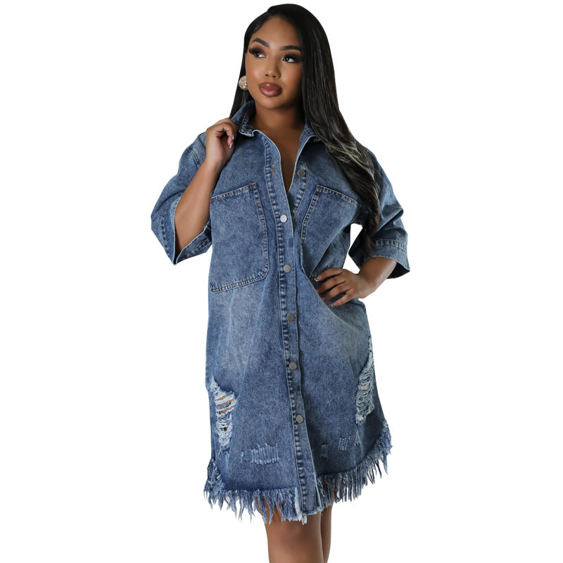 Women's Denim Ripped Tassel Sleeve Lapel Dress Dresses
