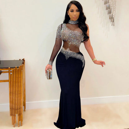 Sexy Rhinestone Mesh Slim Fit Dress Suits