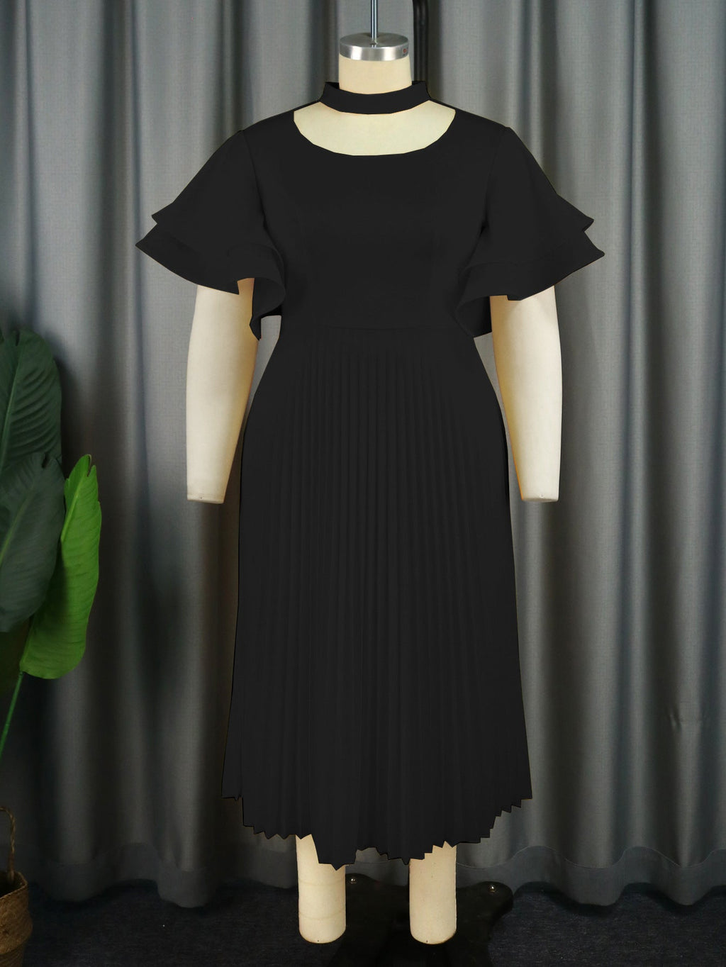 Personality Hollow Out Collar Pleated Elegant Style Ruffled Flared Dresses