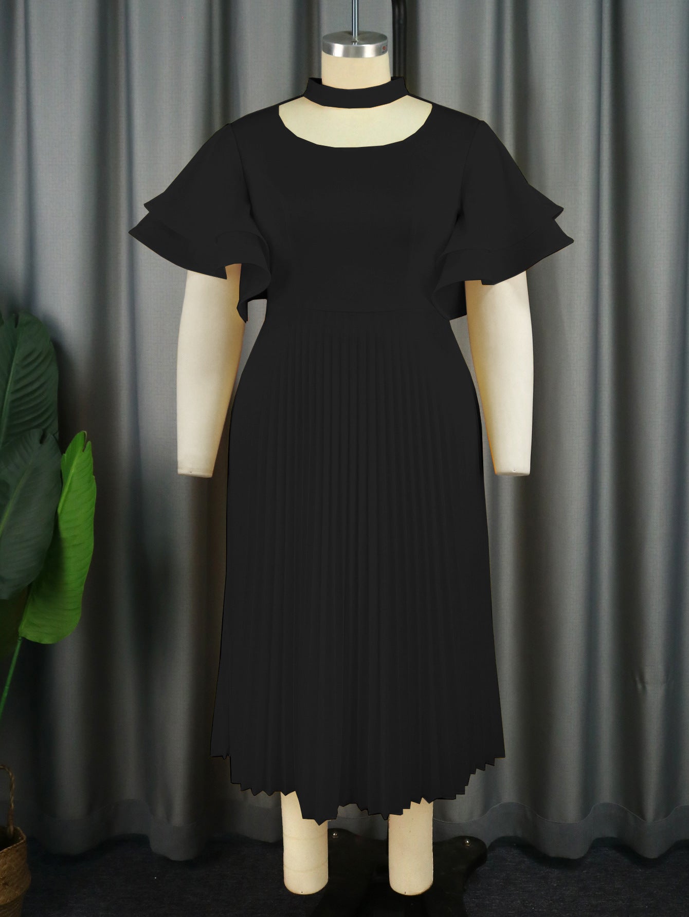 Personality Hollow Out Collar Pleated Elegant Style Ruffled Flared Dresses
