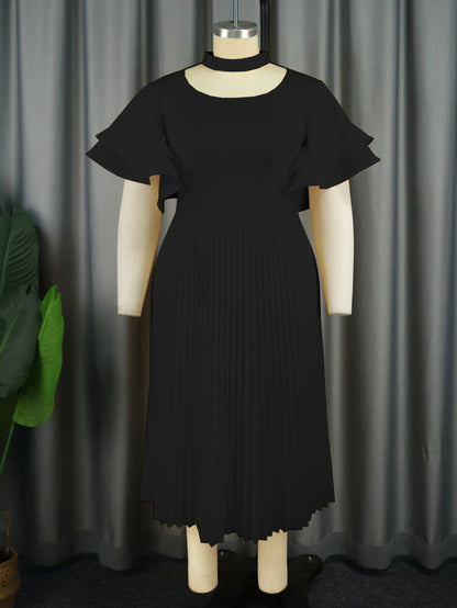 Personality Hollow Out Collar Pleated Elegant Style Ruffled Flared Dresses