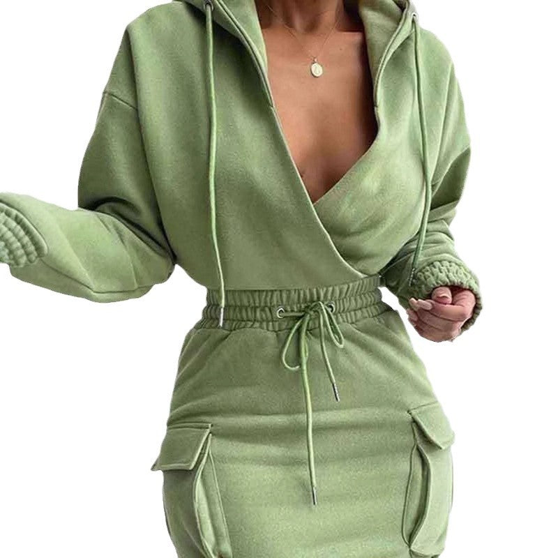 Waist Pocket Sweatshirt Dress Trimming Lace Up Long Dresses