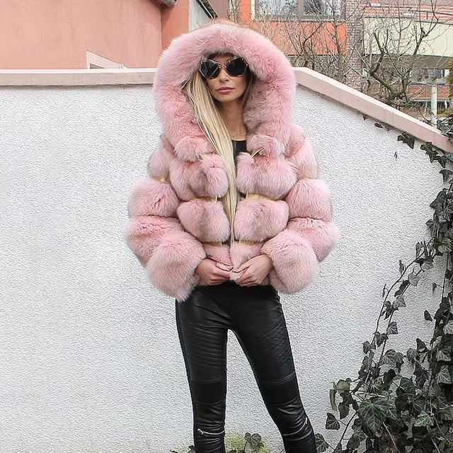 Women's Imitation Fur Hooded Mid-length Slim Fit Coats