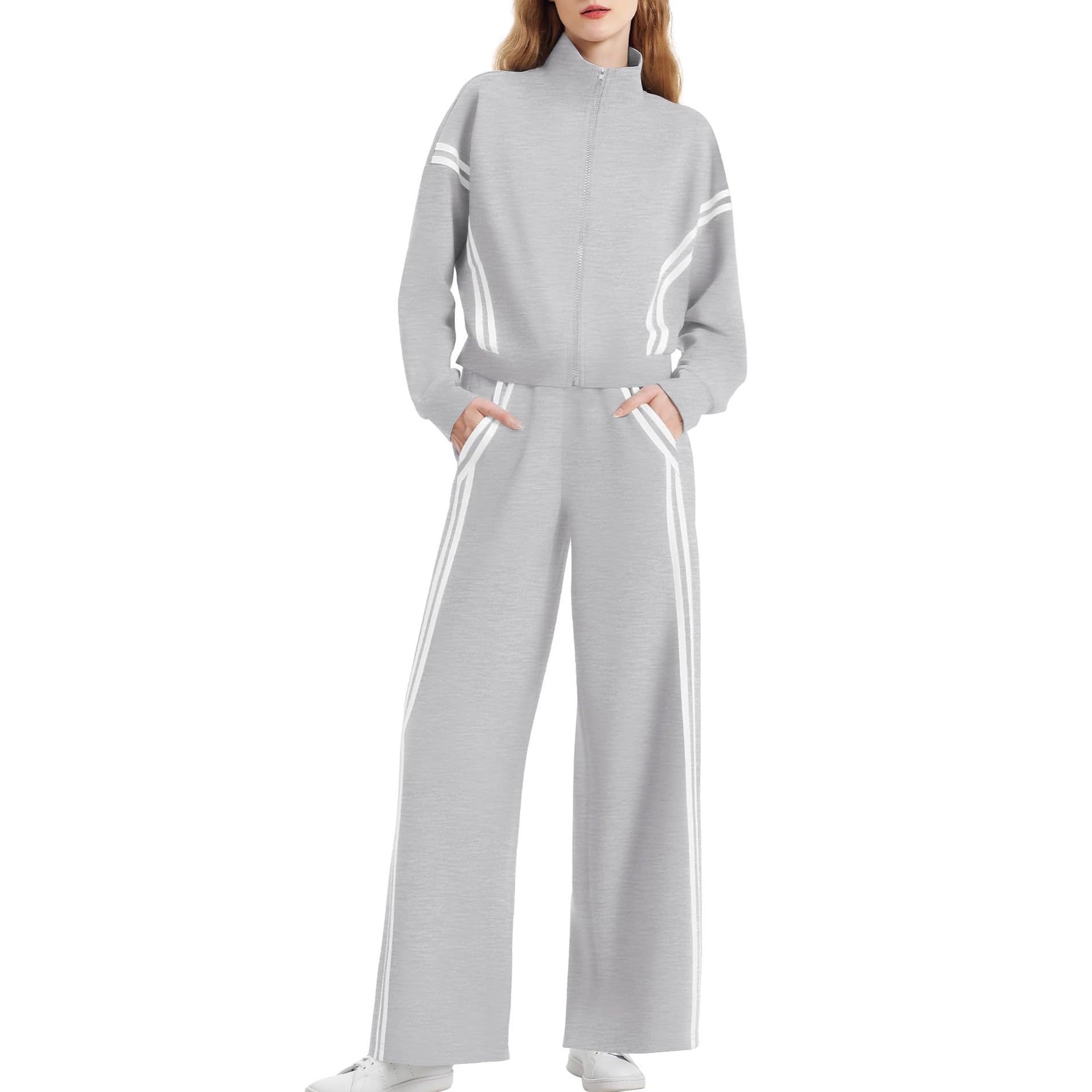 Wear Zipper Sports Contrast Color Striped Suits