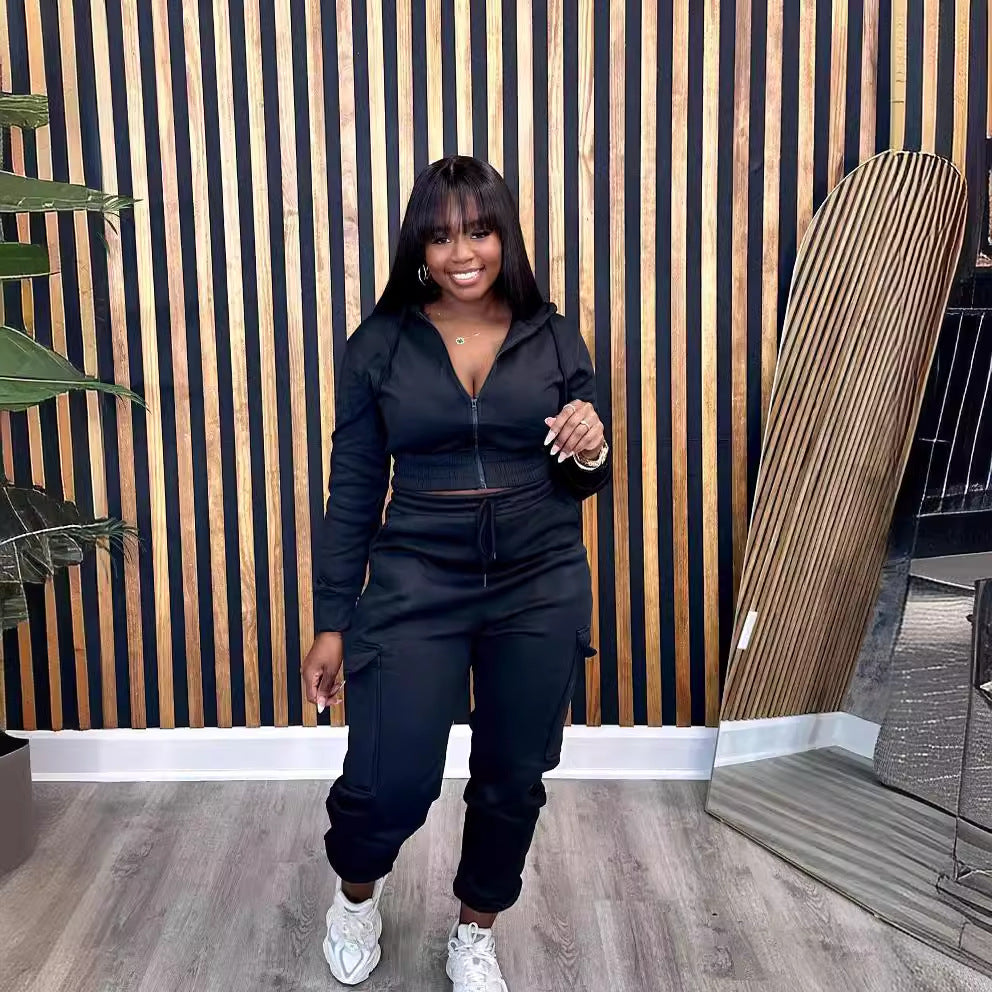 Women's Brushed Hoody Overalls Pocket Solid Color Suits