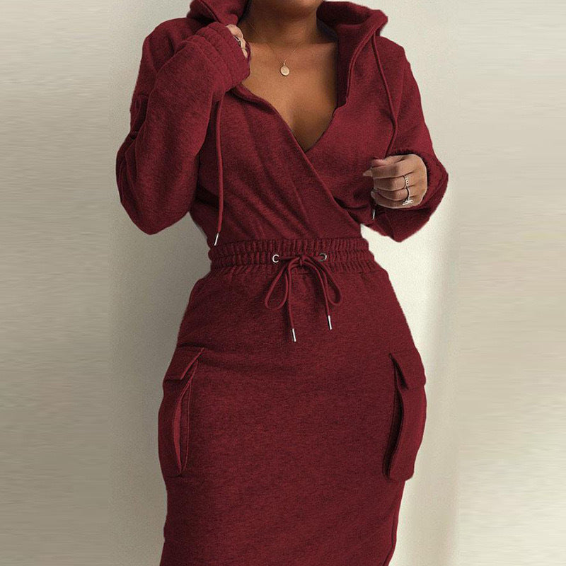 Waist Pocket Sweatshirt Dress Trimming Lace Up Long Dresses