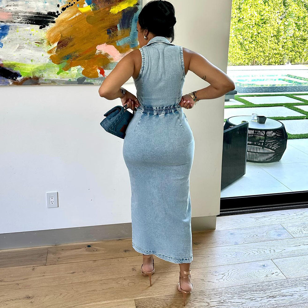 Women's Denim Dress Fashion Sexy Sleeveless Lapel Dresses