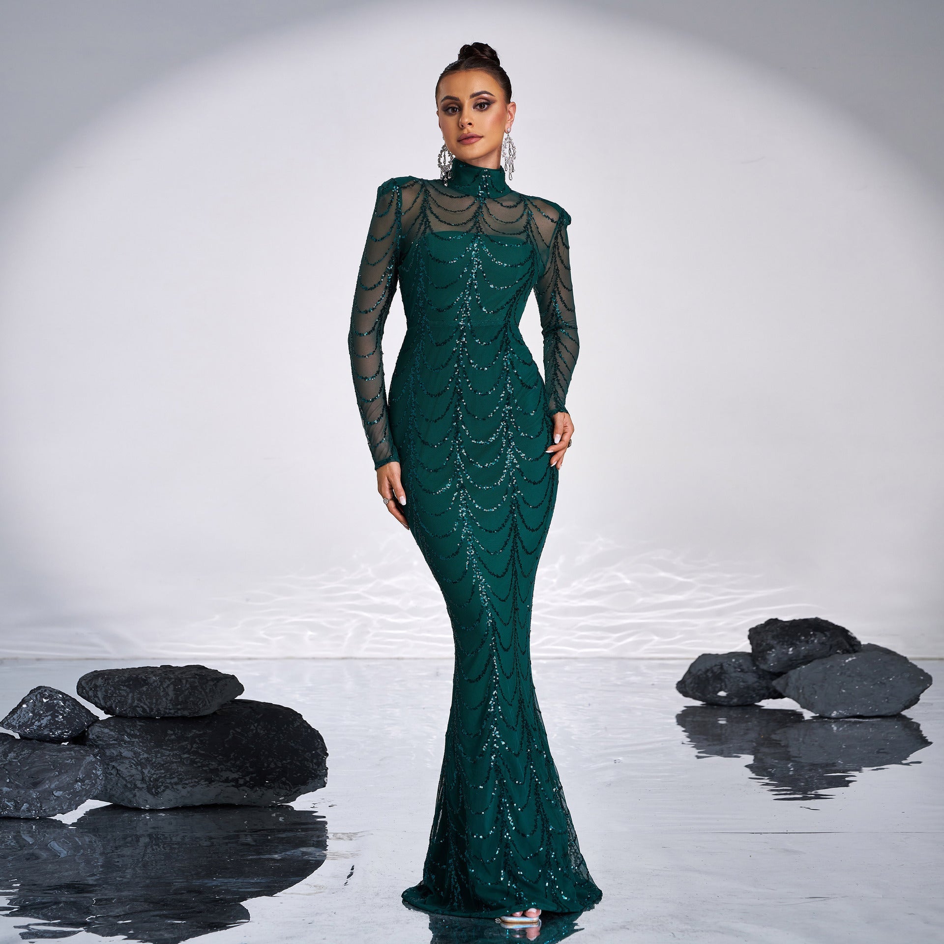 Women's Long Sleeve Black Trailing Dress Sexy Dresses