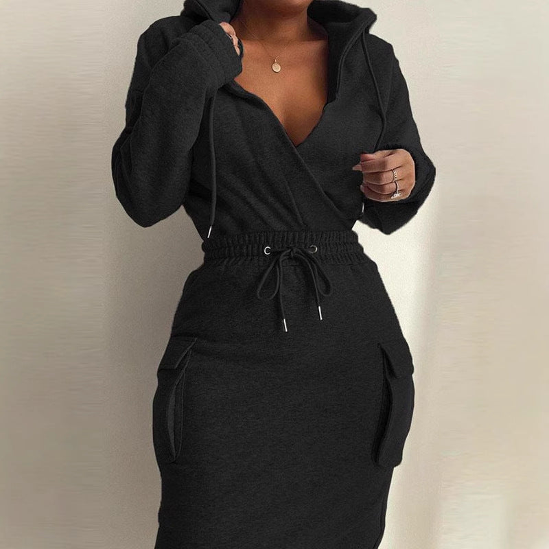 Waist Pocket Sweatshirt Dress Trimming Lace Up Long Dresses