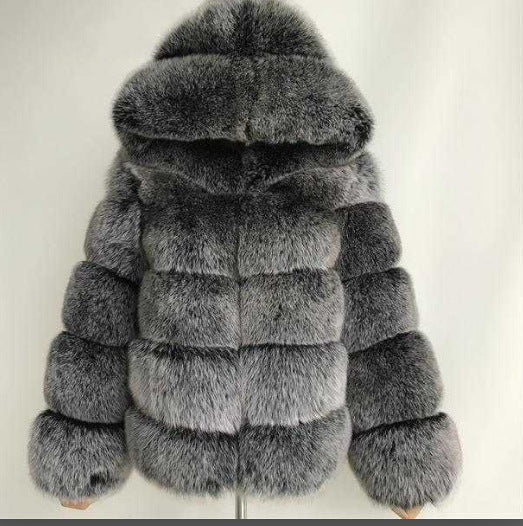 Women's Imitation Fur Hooded Mid-length Slim Fit Coats