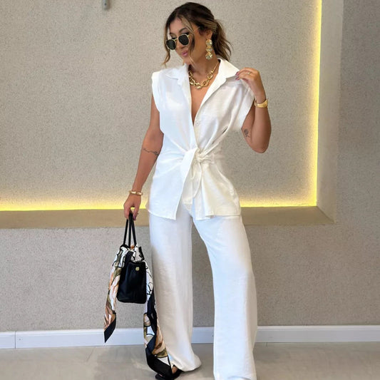 Women's Fashion Waist Short-sleeved Shirt High Casual Suits