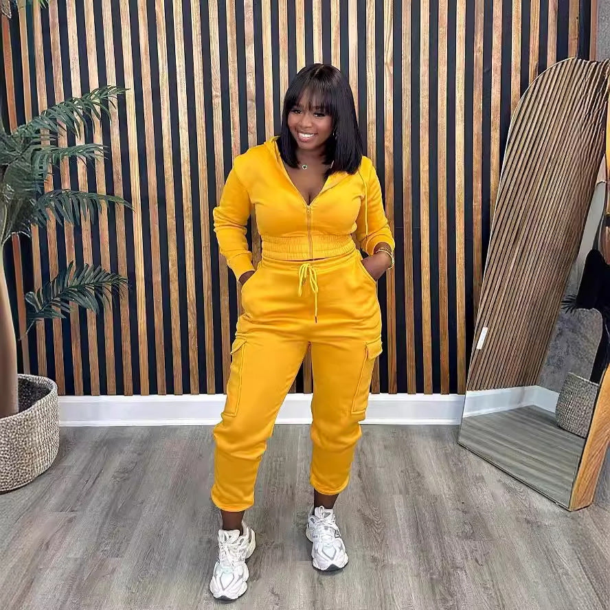 Women's Brushed Hoody Overalls Pocket Solid Color Suits