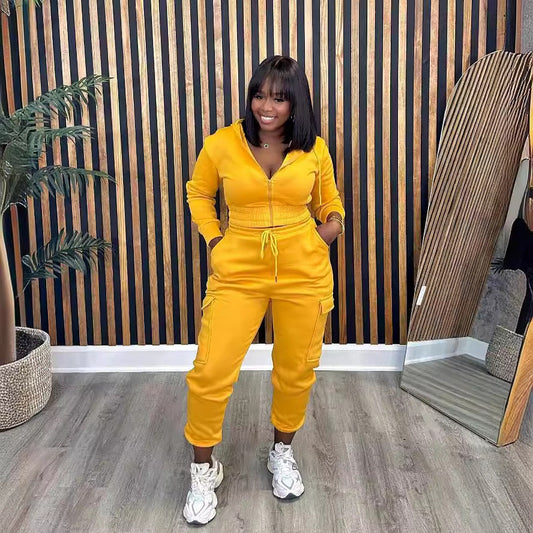 Women's Brushed Hoody Overalls Pocket Solid Color Suits