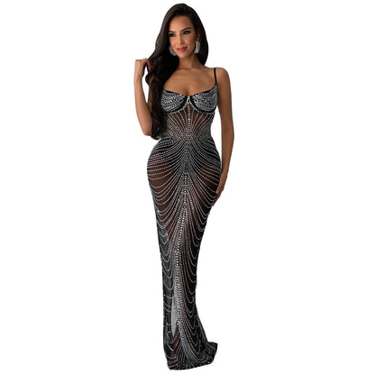 Women's Wear Pure Color Mesh Hot Drilling Sling Dresses