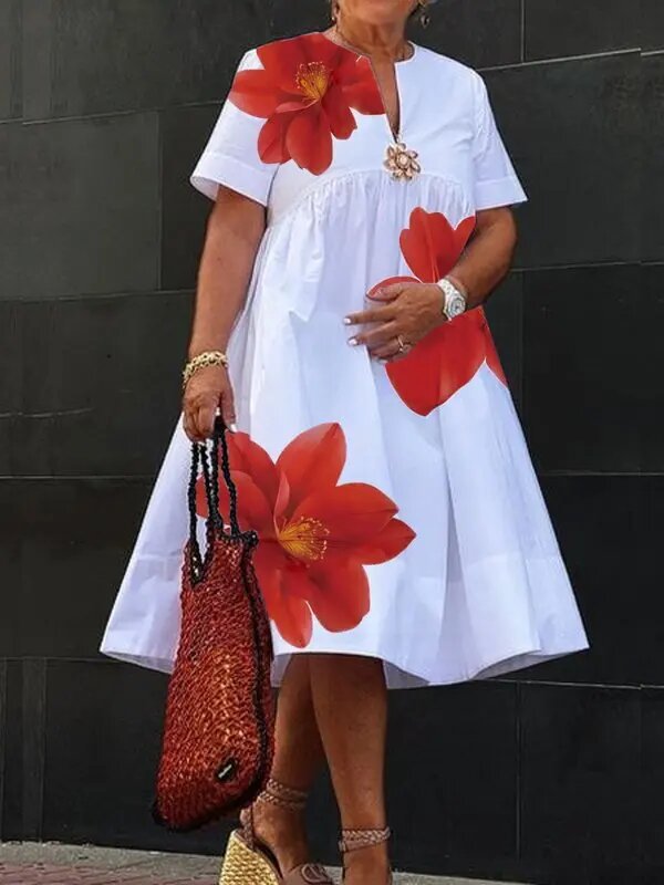 Women's Collar Pleated Sleeve White Background Loose Dresses
