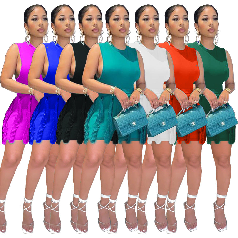Women's Drawstring Tassel Casual Solid Color Two-piece Dresses