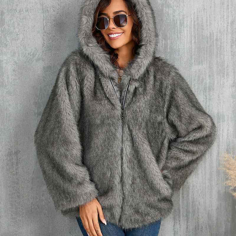 Imitation Fur Solid Color Loose Hooded Coats