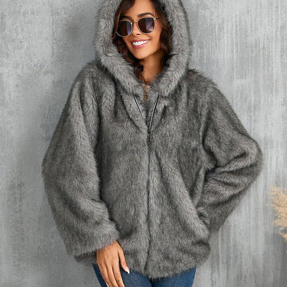 Imitation Fur Solid Color Loose Hooded Coats