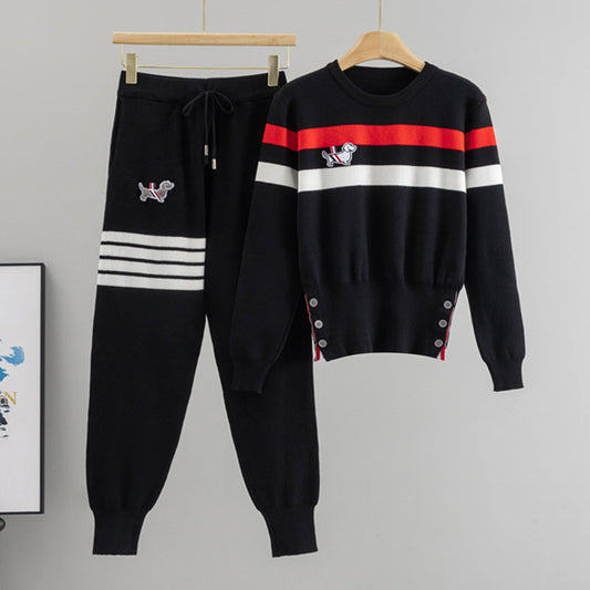 Women's Striped Puppy Waffle Waist Trimming Knitted Suits