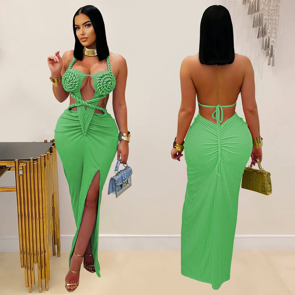 Women's Wear Sexy Knitted Halter Backless Solid Dresses