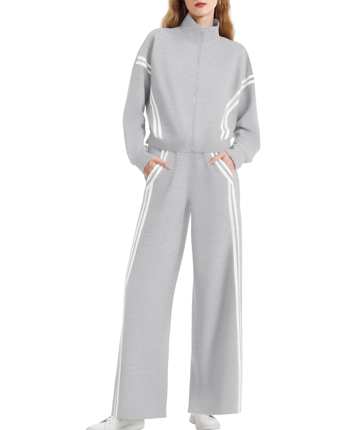 Wear Zipper Sports Contrast Color Striped Suits