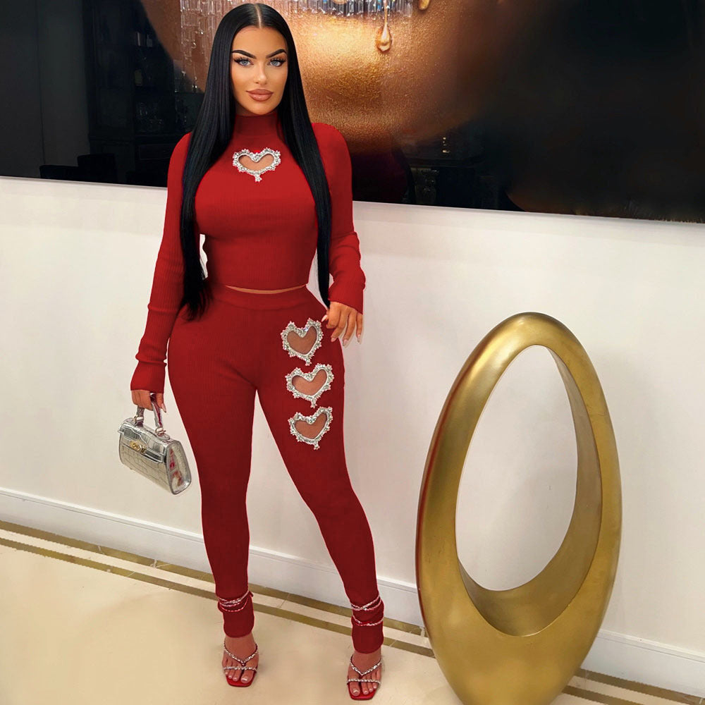Women's Casual Heart-shaped Rhinestone Solid Color Suits