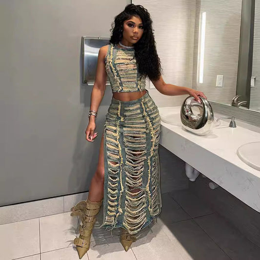 Women's Denim Trendy Unique Hand Frayed Slit Suits