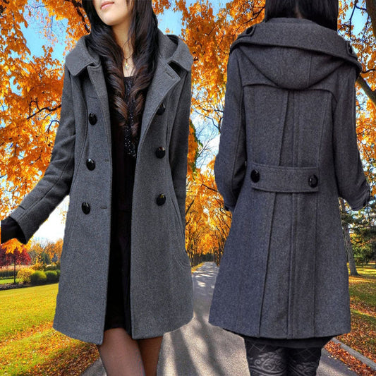 Women's Winter Warm Woolen Long Sleeve Hooded Coats