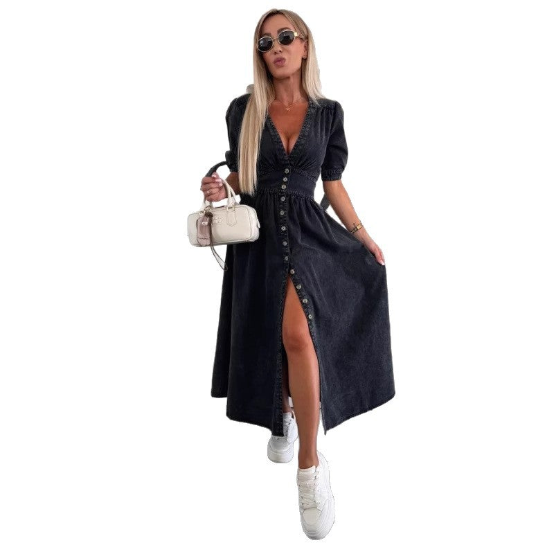 Women's Fashion Sexy Long Button Denim Dress Dresses