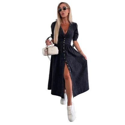 Women's Fashion Sexy Long Button Denim Dress Dresses