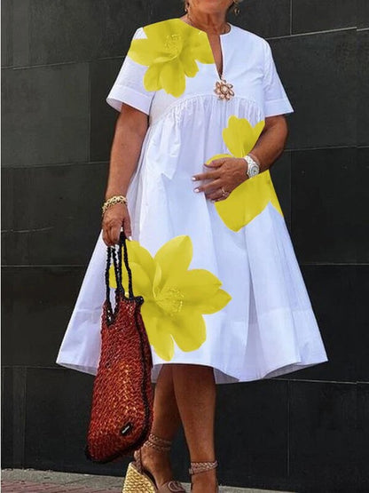 Women's Collar Pleated Sleeve White Background Loose Dresses