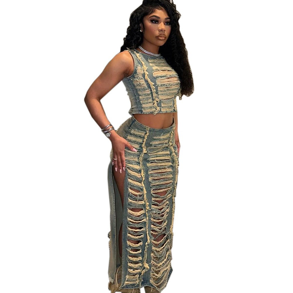 Women's Denim Trendy Unique Hand Frayed Slit Suits