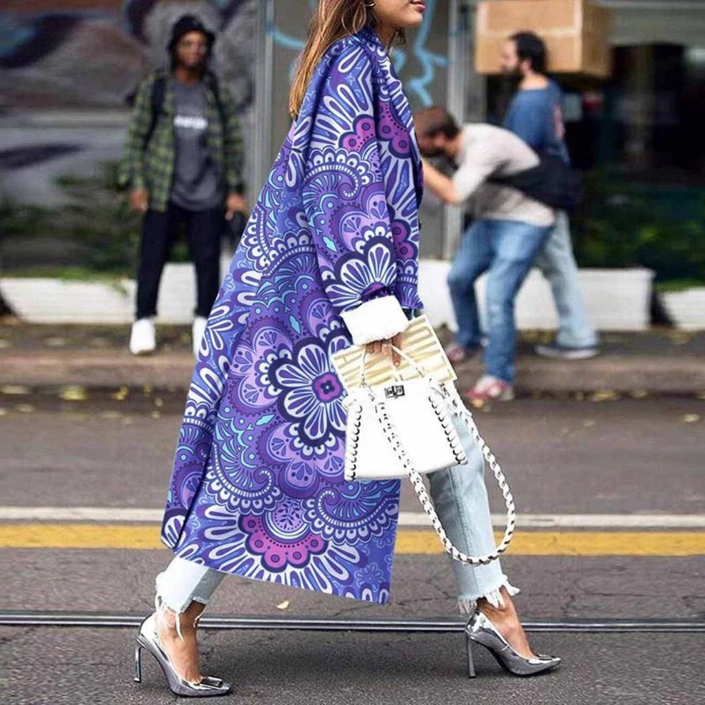 Women's Fashion Loose Ankle Print Woolen Printing Coats