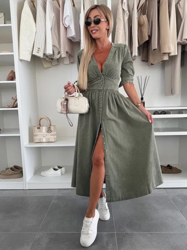 Women's Fashion Sexy Long Button Denim Dress Dresses