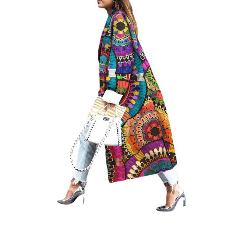 Women's Fashion Loose Ankle Print Woolen Printing Coats