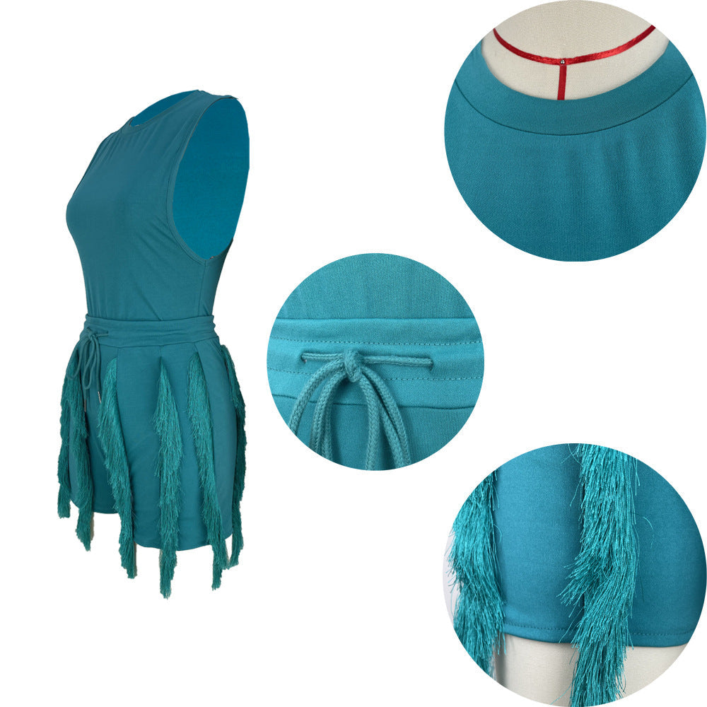 Women's Drawstring Tassel Casual Solid Color Two-piece Dresses