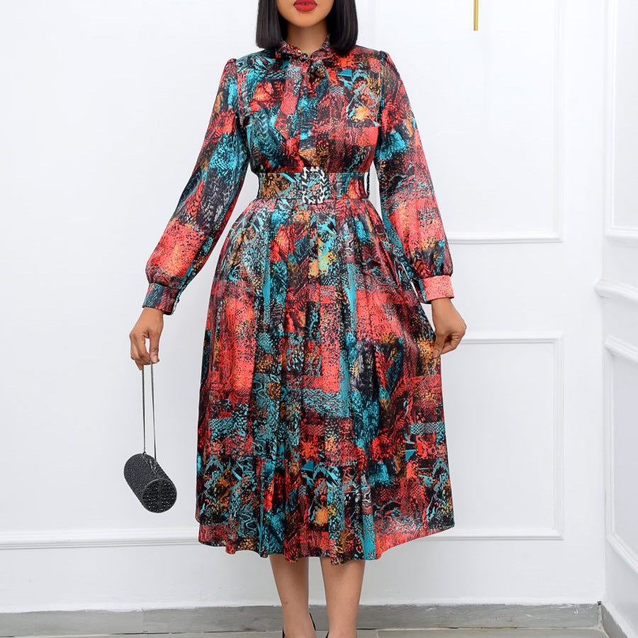Long Sleeve High Waist Print Banquet Dresses