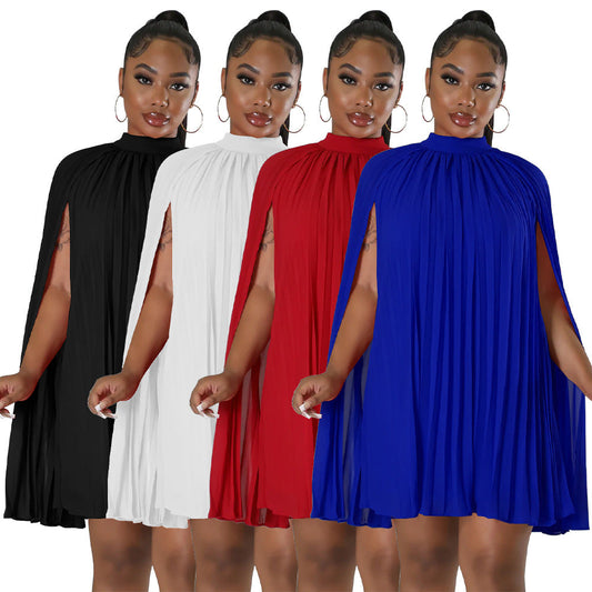 Women's Solid Color Batwing Sleeve Pleated Loose Dresses
