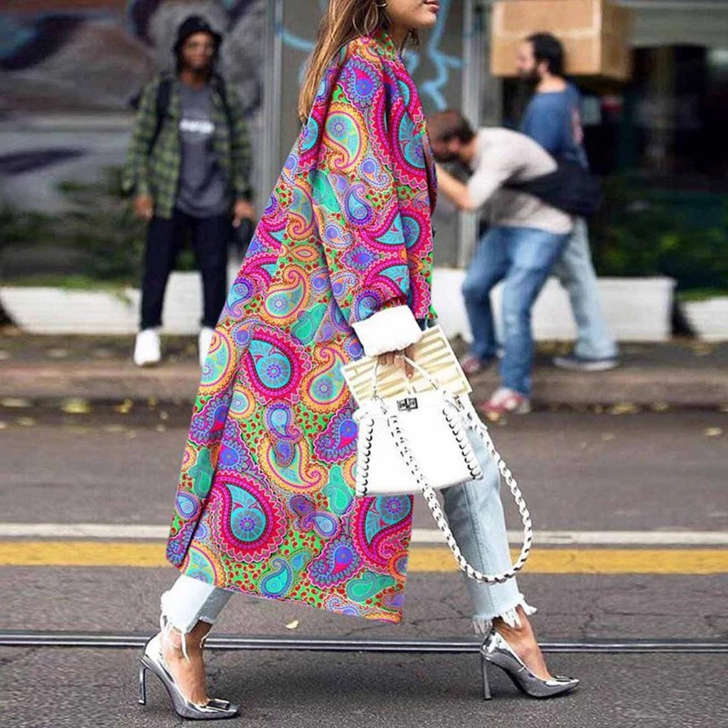 Women's Fashion Loose Ankle Print Woolen Printing Coats