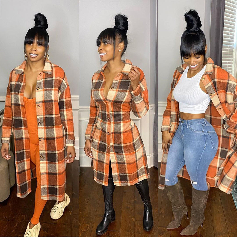 Women's Mid-length Casual Classic Plaid Single-breasted Woolen Coats