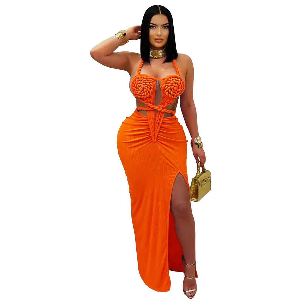 Women's Wear Sexy Knitted Halter Backless Solid Dresses