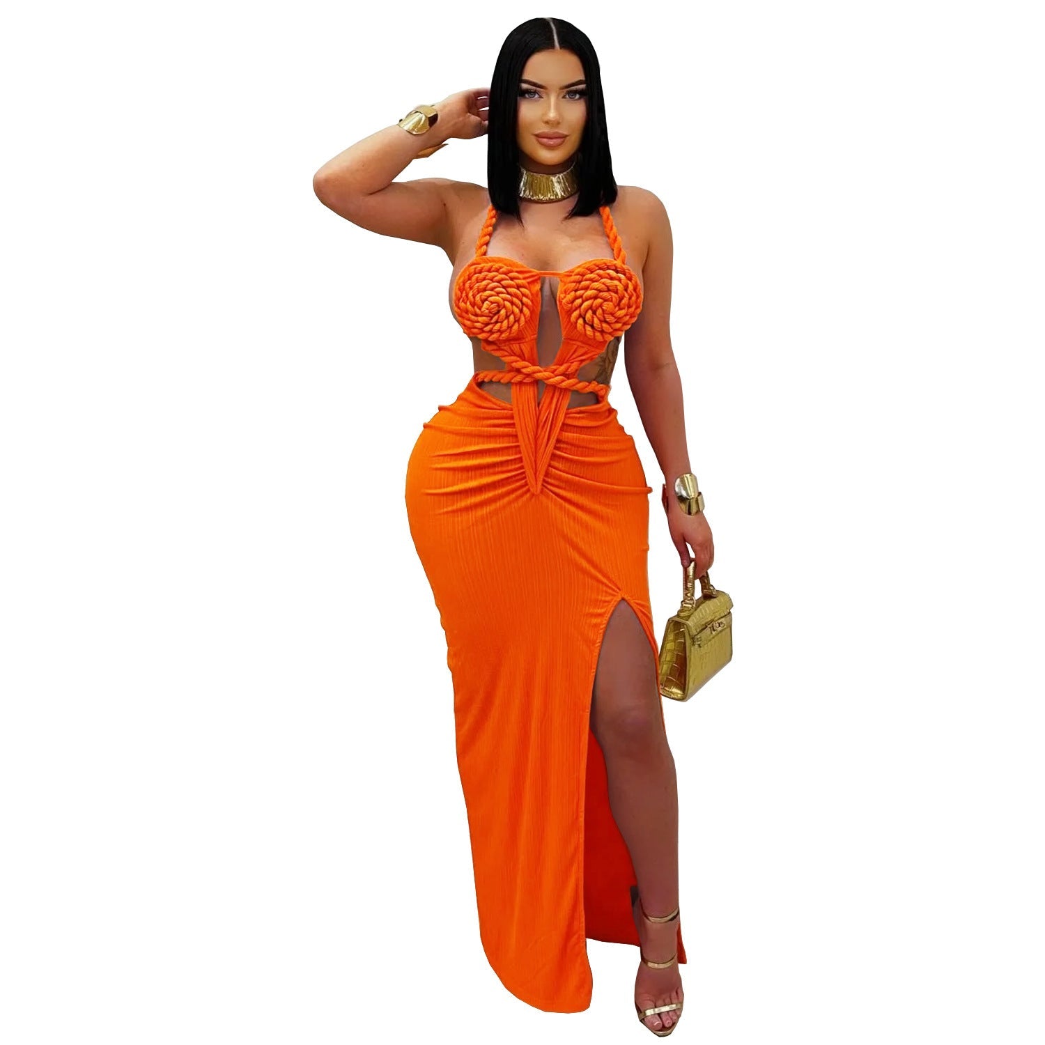 Women's Wear Sexy Knitted Halter Backless Solid Dresses