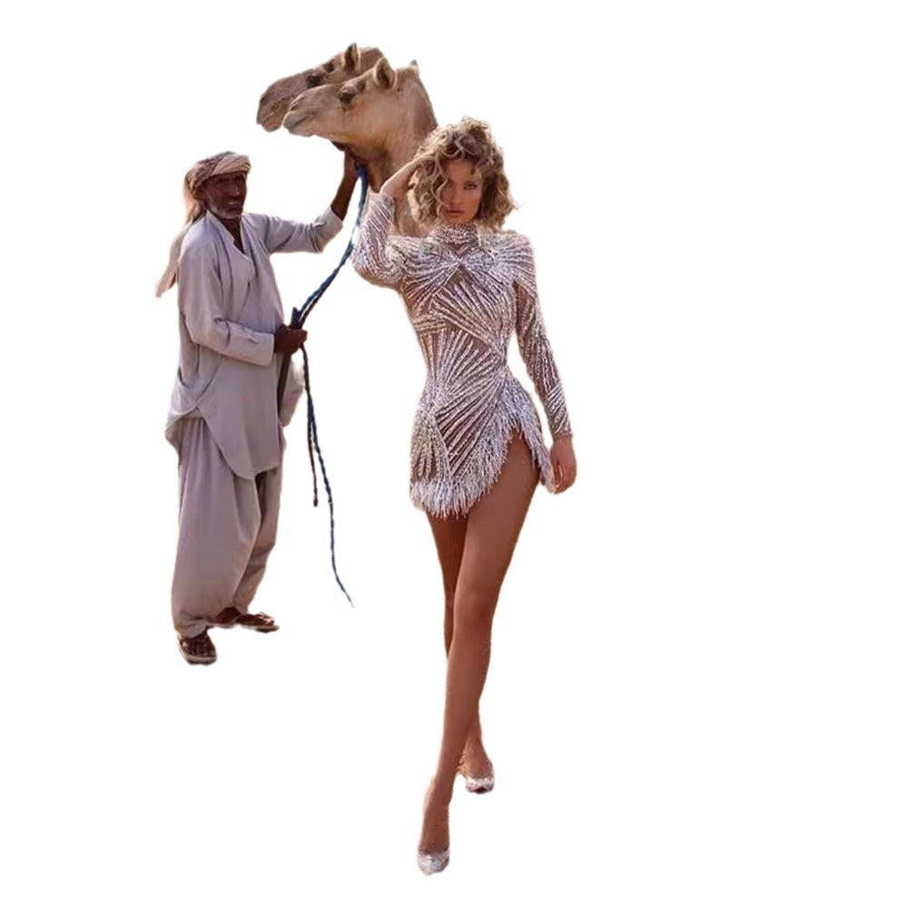 Women's Sexy Long-sleeved Dress Gold Sier Tassel Suits